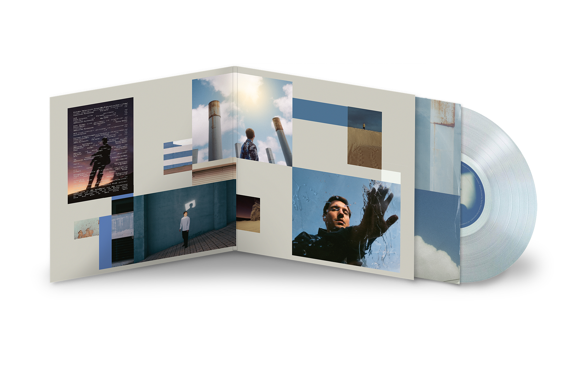 Albumcover mit Fotos und klarer Vinyl-Schallplatte.