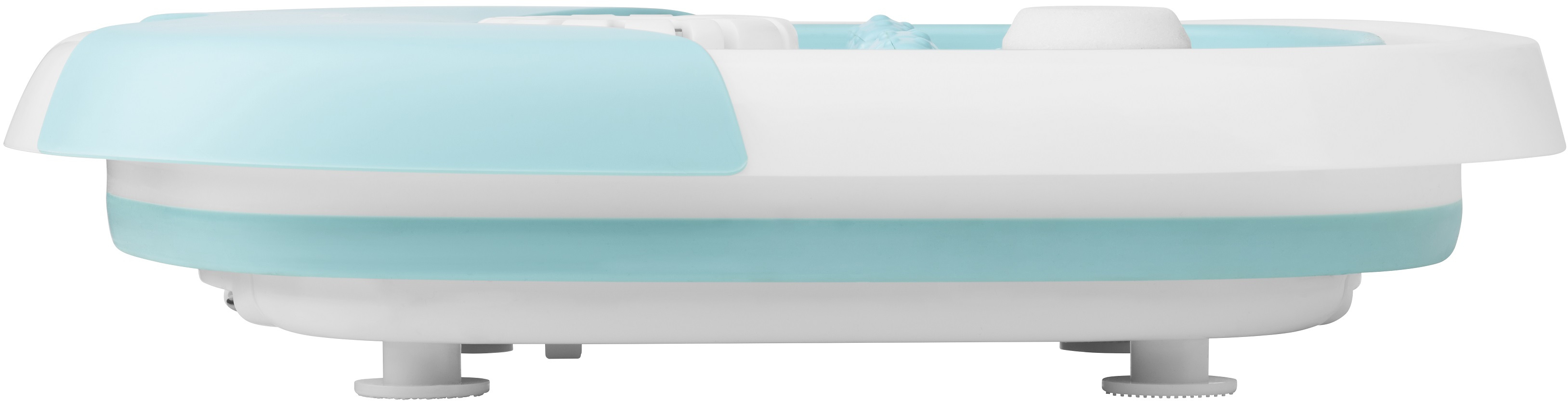 White and blue foot spa with a curved design and four legs.