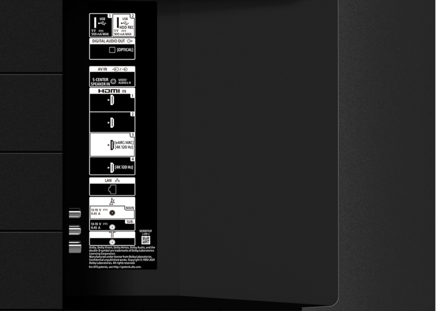 Gros plan de l'arrière d'un téléviseur, montrant les ports et les étiquettes. Comprend HDMI, USB, LAN et sorties audio.