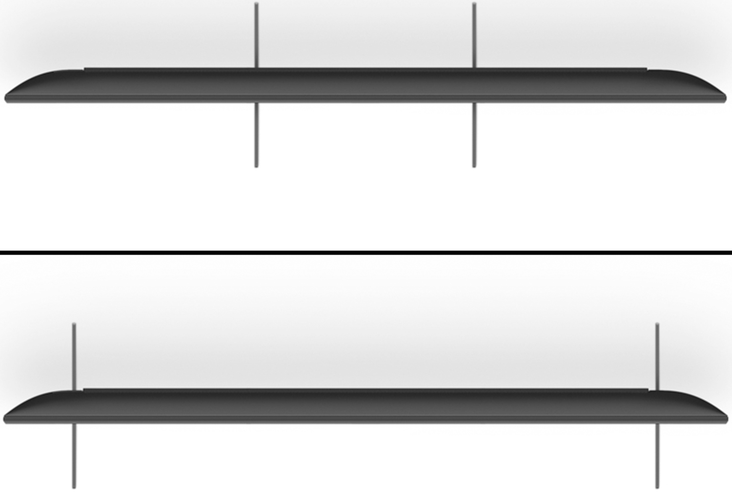 Deux écrans de télévision noirs, vue de dessus, avec des supports argentés, sur fond blanc.
