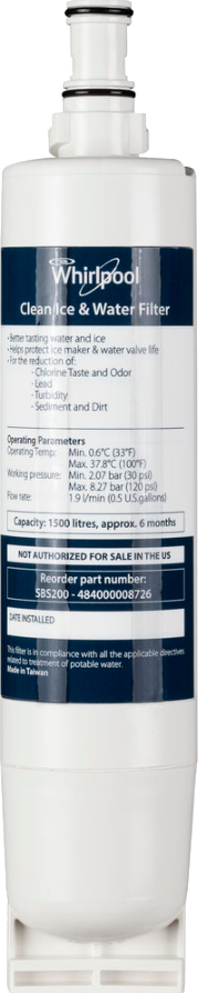 Witte Whirlpool waterfilter. Het heeft een blauw label met tekst en specificaties. Boven- en onderkant zijn wit.