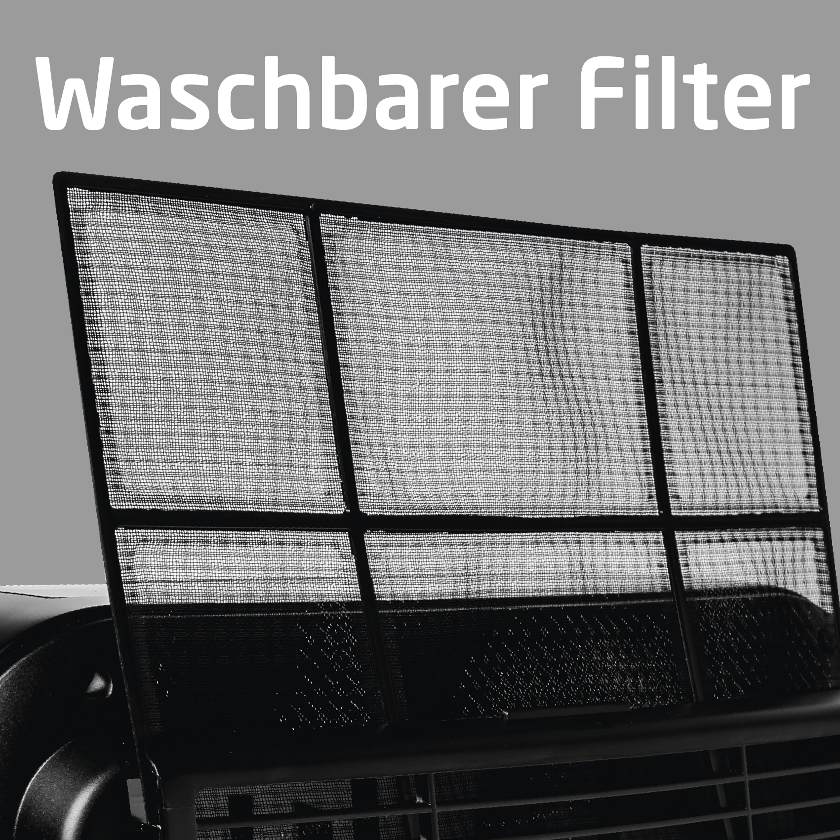 Schwarzer Luftfilter mit schwarzem Rahmen. Oben steht der Text 'Waschbarer Filter'.