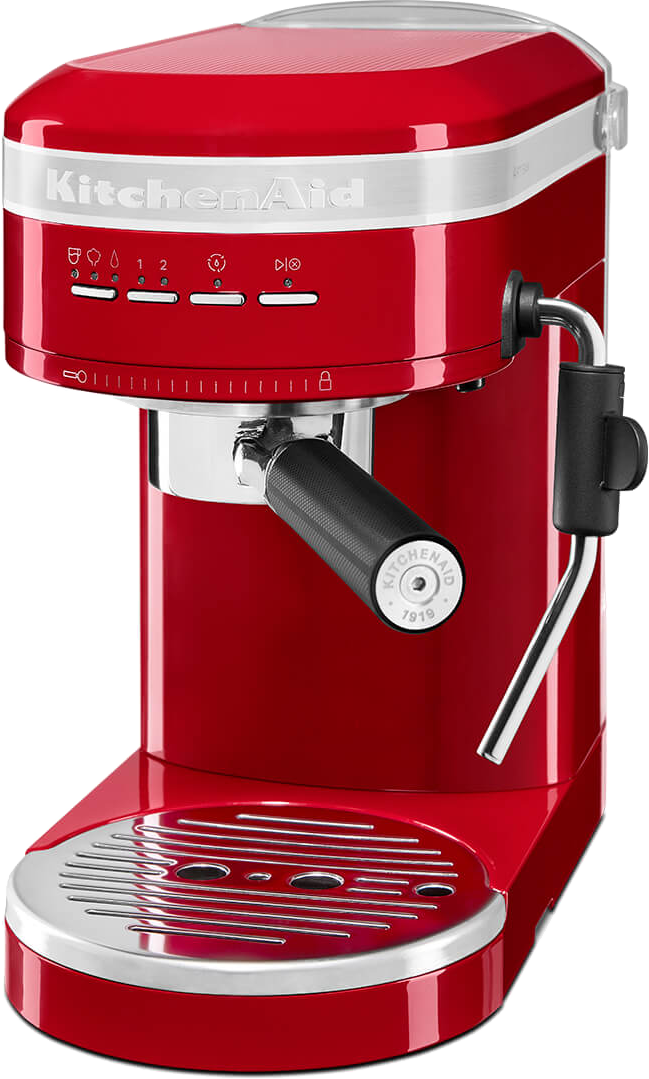 Piros KitchenAid eszpresszó gép fekete fogantyúval és ezüstös díszítéssel.