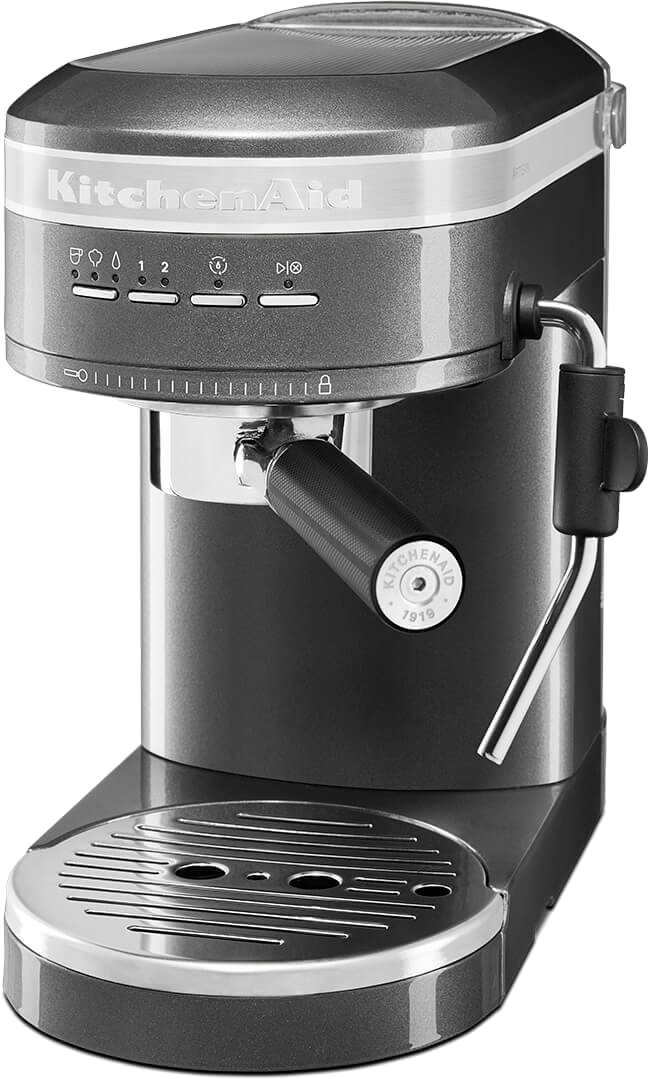 Egy KitchenAid eszpresszó gép. Szürke színű, gőzfúvókával és különböző gombokkal és tárcsákkal.