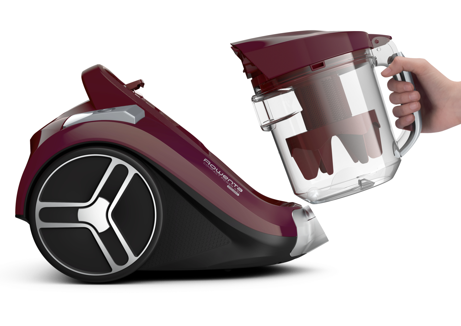 Aspirador sin bolsa - Rowenta RO4873EA Compact Power XXL, Motor EffiTech, Tecnología Ciclónica, 550 W, Depósito 2.5 L, Animal Care, Burdeos