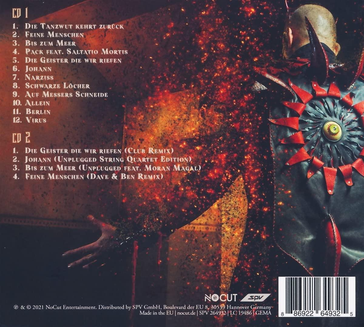 Ein CD-Cover mit einer Titelliste und feurigem Hintergrund, eine Person in dunkler Kleidung.