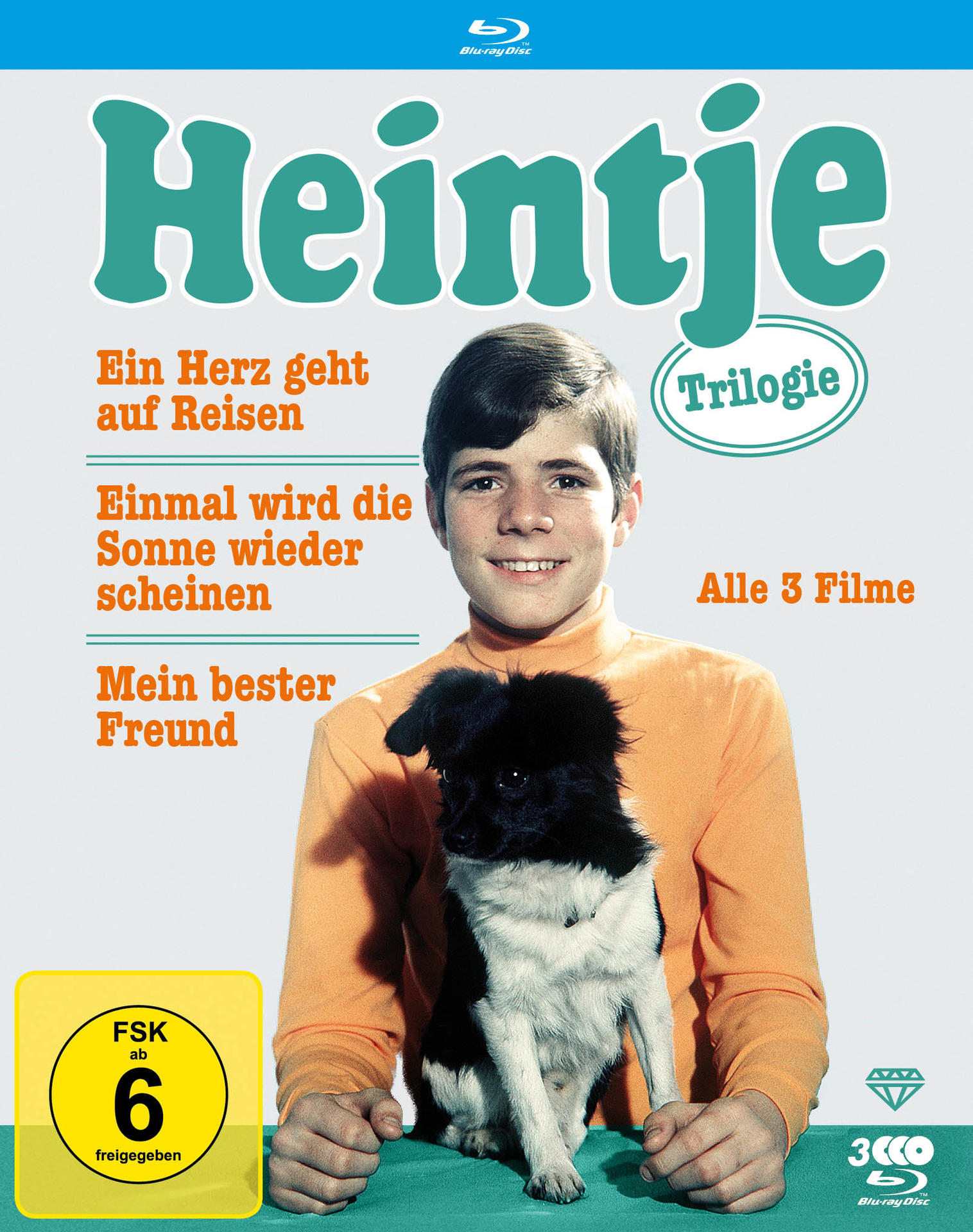 Filmcover: Junge mit Hund, Titel 'Heintje' und 'Trilogie', Text auf Deutsch.