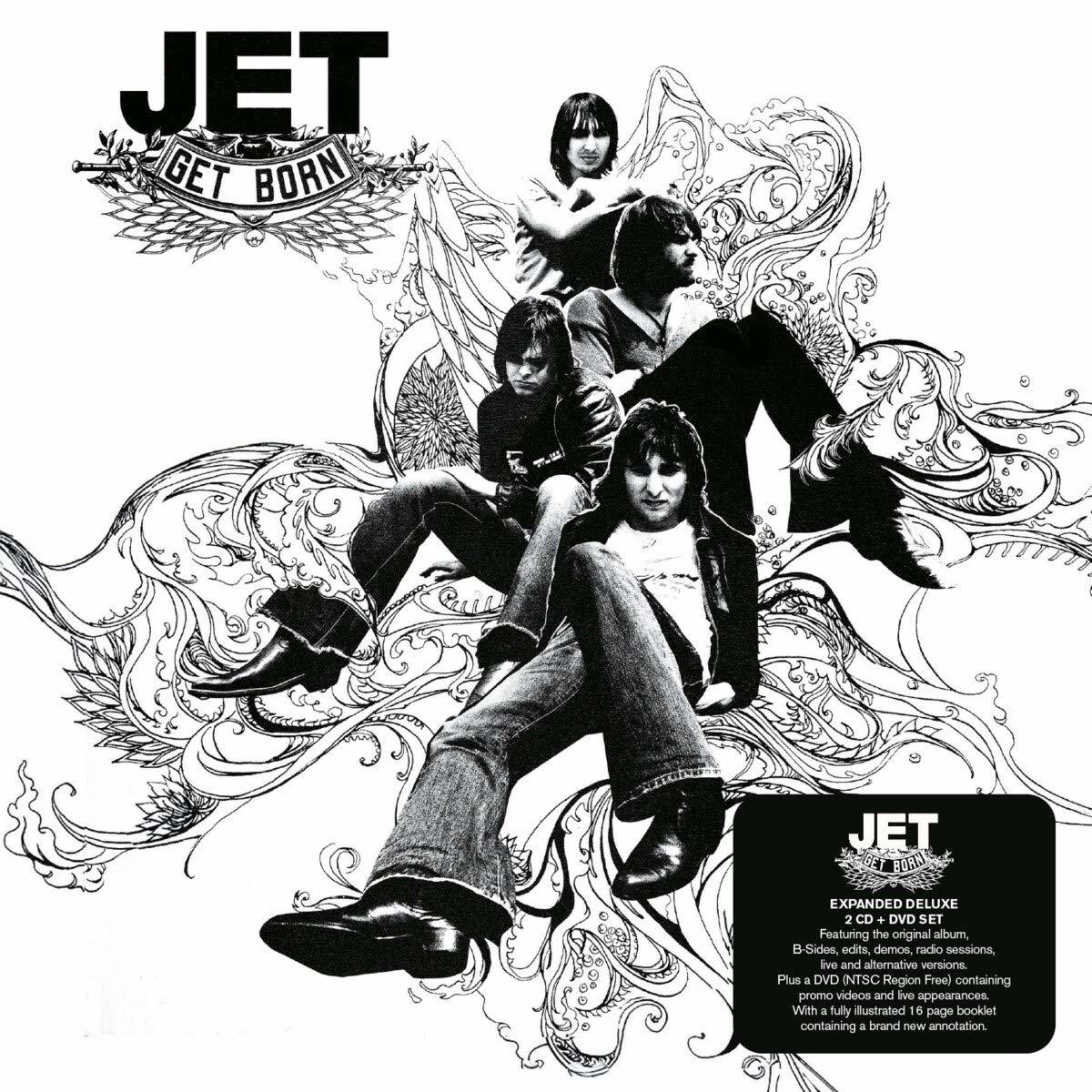 Albumcover der Band JET, mit mehreren Bandmitgliedern und wirbelnden, abstrakten Designs.