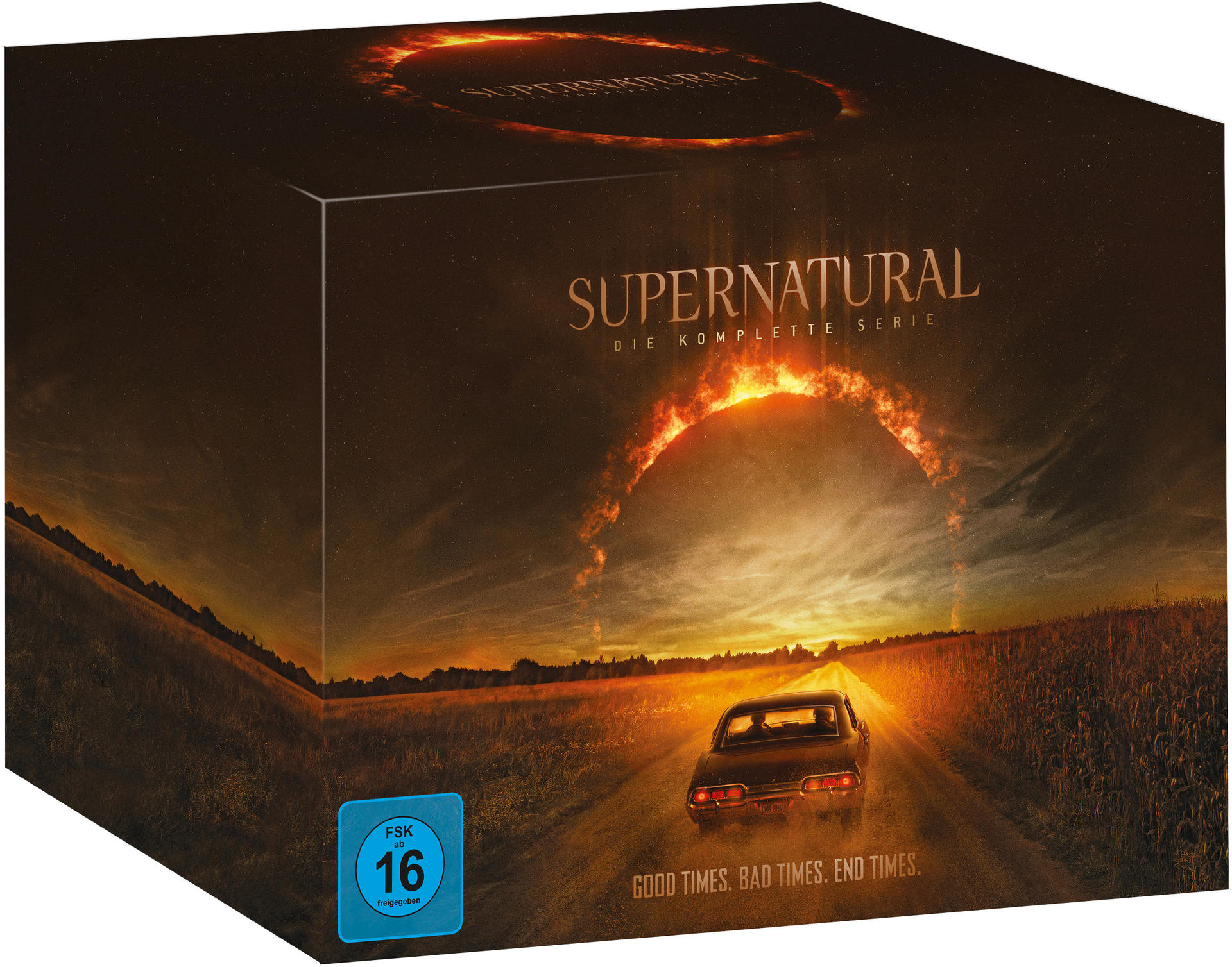 DVD-Box der Supernatural-Serie mit schwarzem Auto auf der Straße.