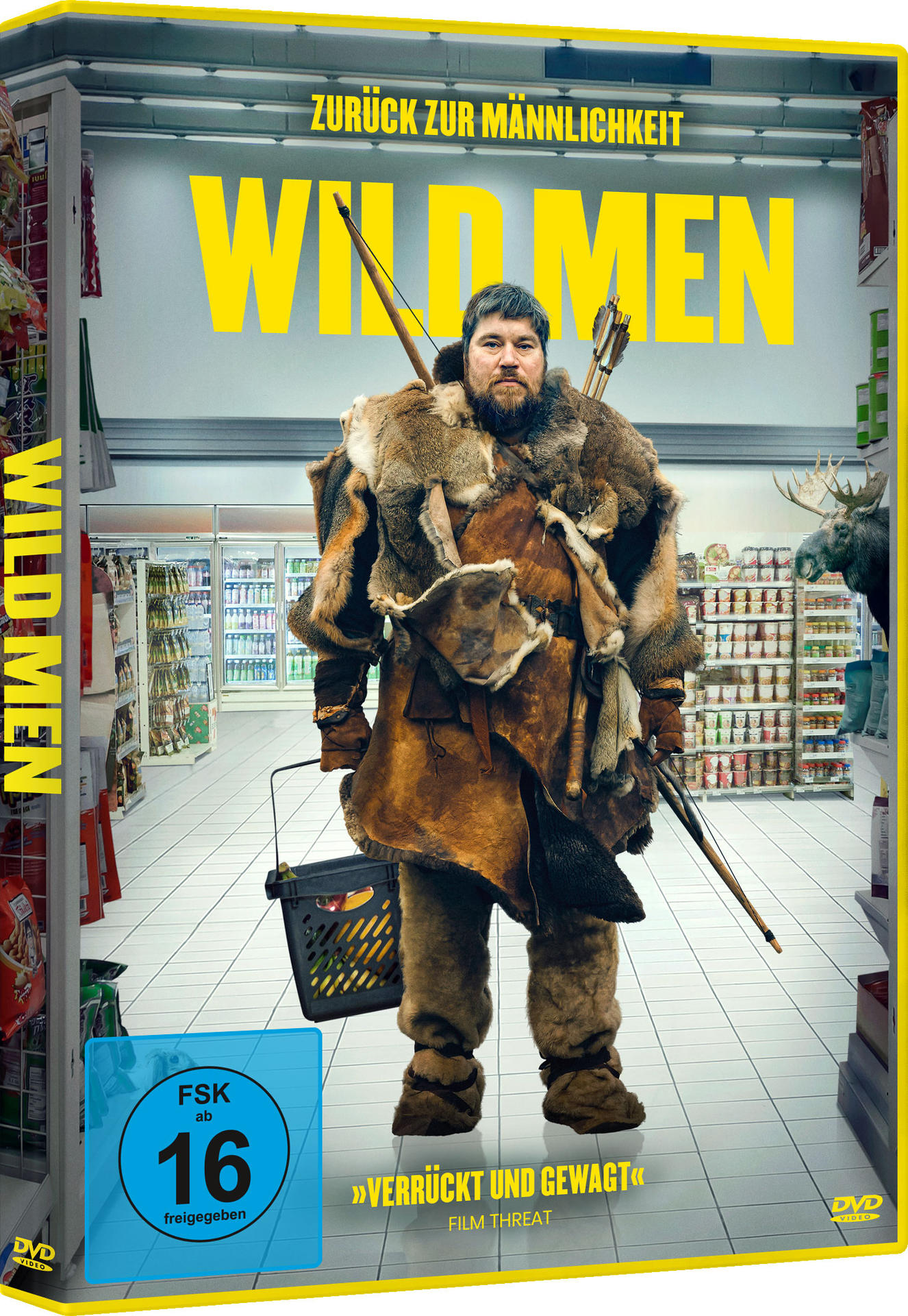 DVD-Cover mit Mann in Pelz, der einen Korb hält. Hintergrund Shop.