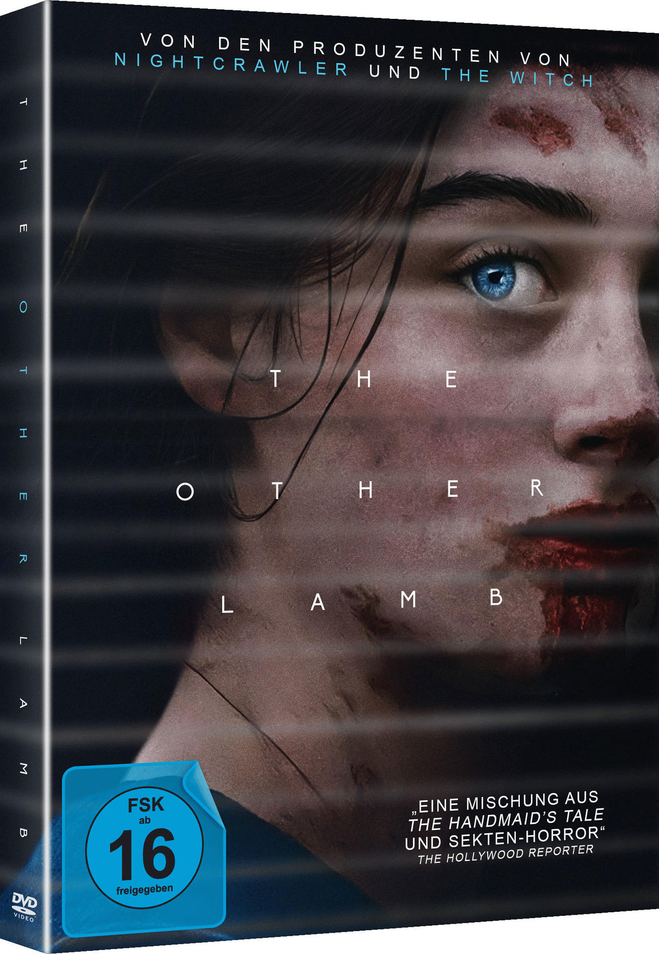 DVD-Cover für 'The Other Lamb'. Eine Frau mit blauen Augen und blutverschmiertem Gesicht, DVD-Hülle mit Text.