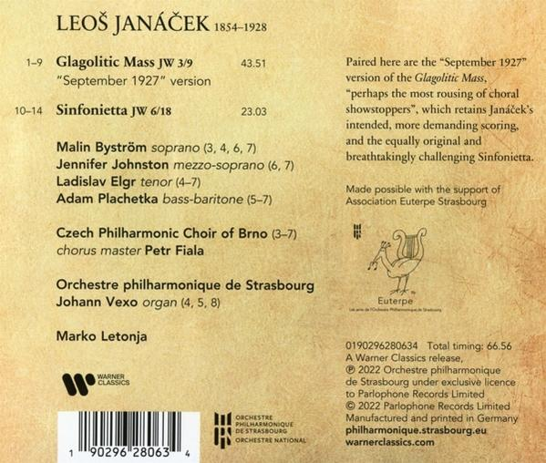 Eine gedruckte Seite mit Text über Leos Janacek, einschließlich seiner Werke, und ein Logo von Warner Classics und Orchestre Philharmonique.