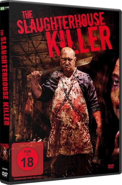 DVD-Cover von 'The Slaughterhouse Killer' mit einem Mann, der ein Beil hält, und einem Frauengesicht.