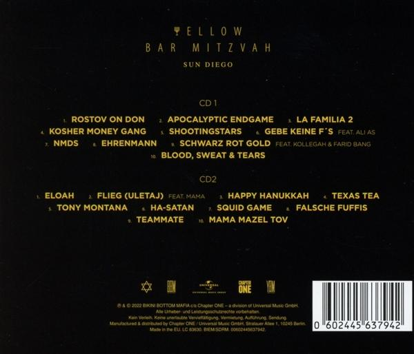 CD-Cover mit Songliste. Schwarzer Hintergrund, weißer Text und gelber Balken.