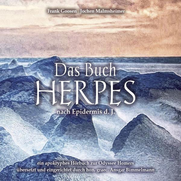 Albumcover: Buchtitel 'HERPES' über einer blau-grauen, bergigen Landschaft. Text auf Deutsch.