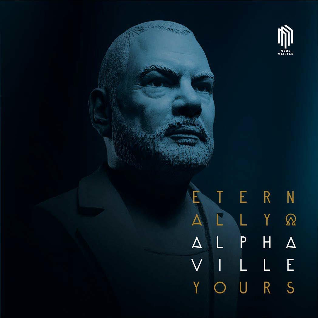 Kunstwerk einer Männerbüste, Blau- und Weißtöne, mit Text 'Eternally Alpha Ville Yours'.