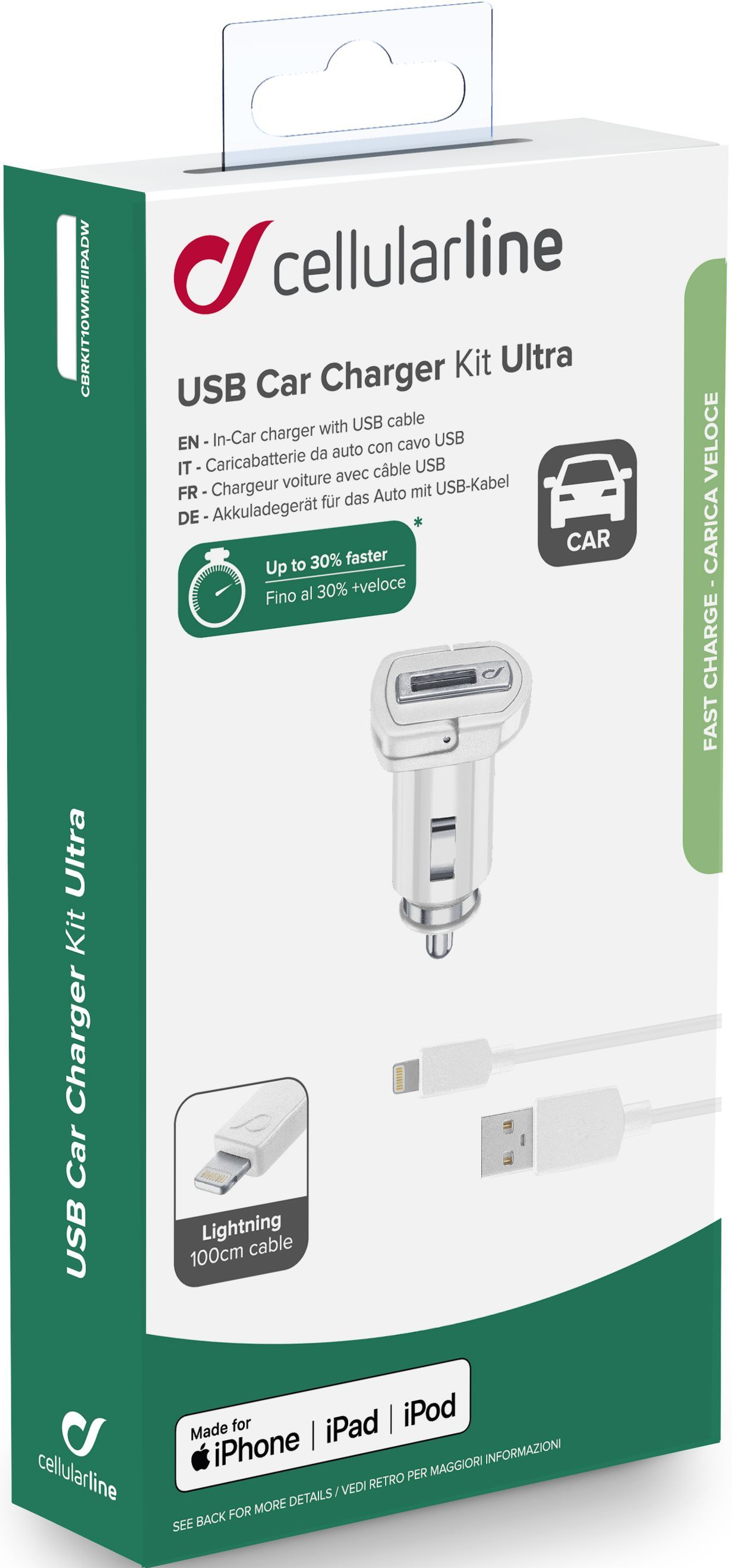 CELLULAR LINE USB Car Charger Kit Ultra - KFZ-Ladegerät (Weiss)
