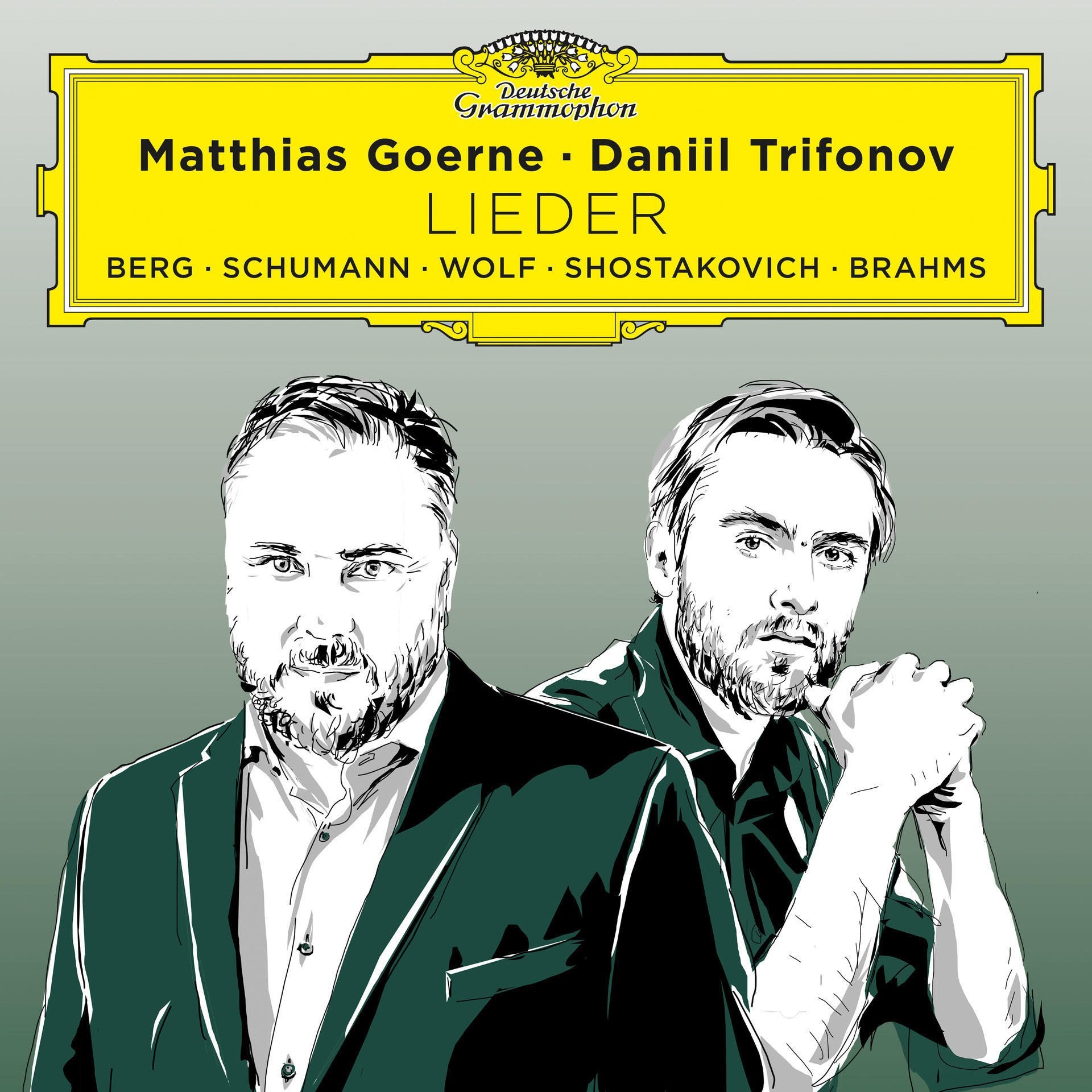 Albumcover: Matthias Goerne und Daniil Trifonov, mit Text Lieder, mit Gesichtern.
