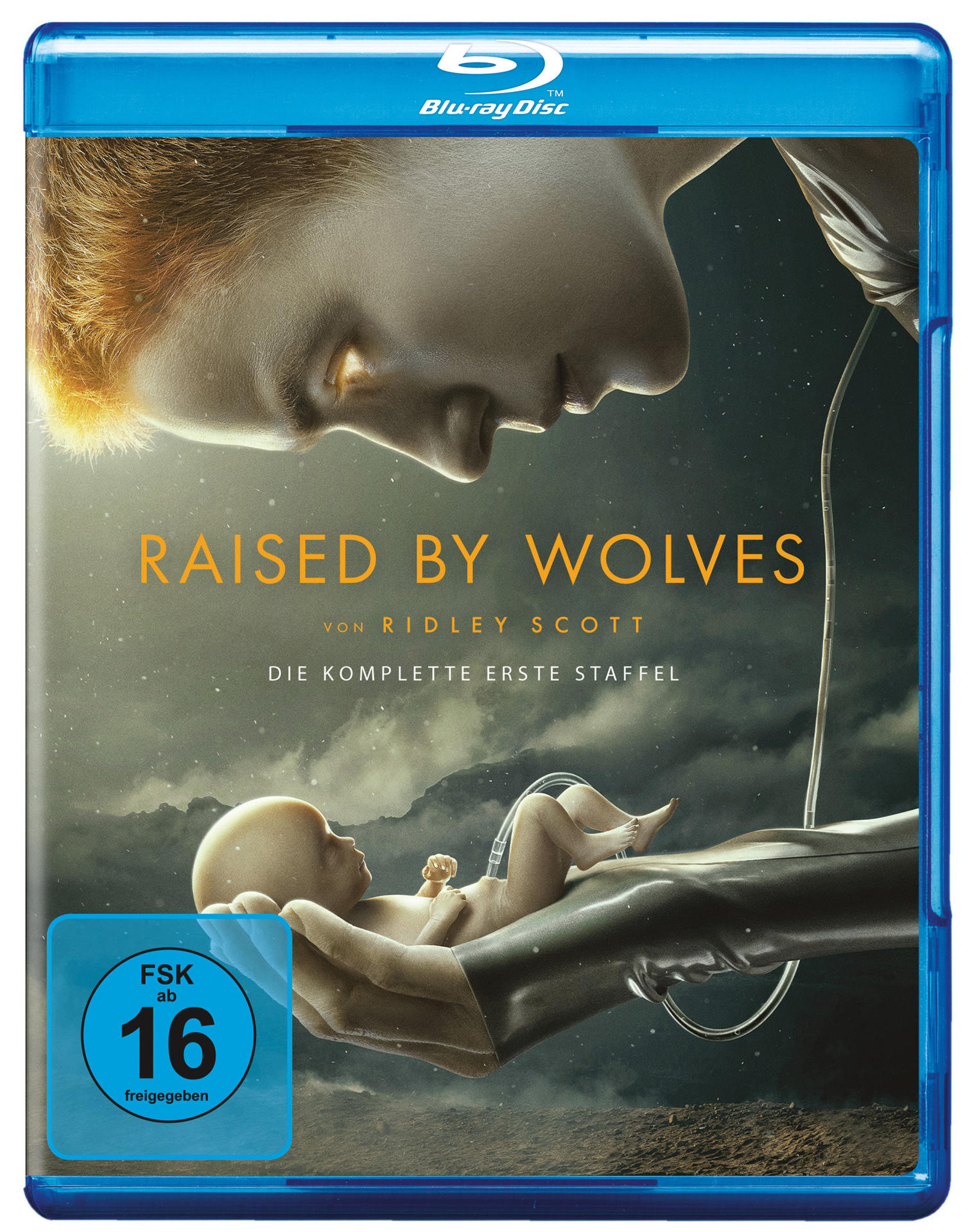 Blu-ray-Cover mit Baby und Gesicht, mit Text und blauem Rahmen.