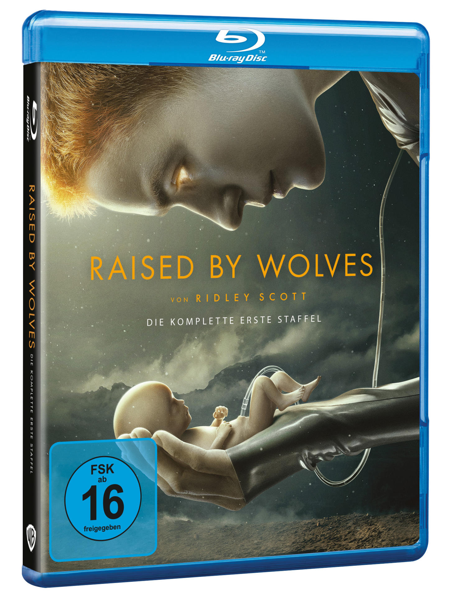 DVD-Cover. Eine Person wiegt ein Baby. Der Titel lautet RAISED BY WOLVES. Blaues Gehäuse.