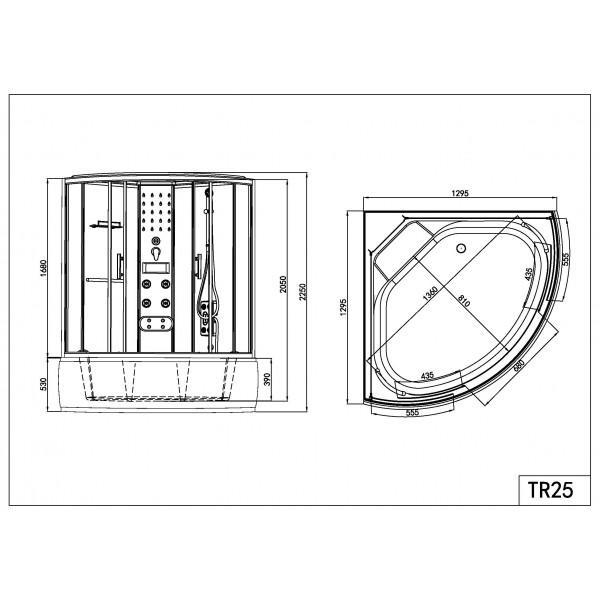 Diagramm einer Duschkabine mit Maßen in Millimetern. Draufsicht und Seitenansicht.