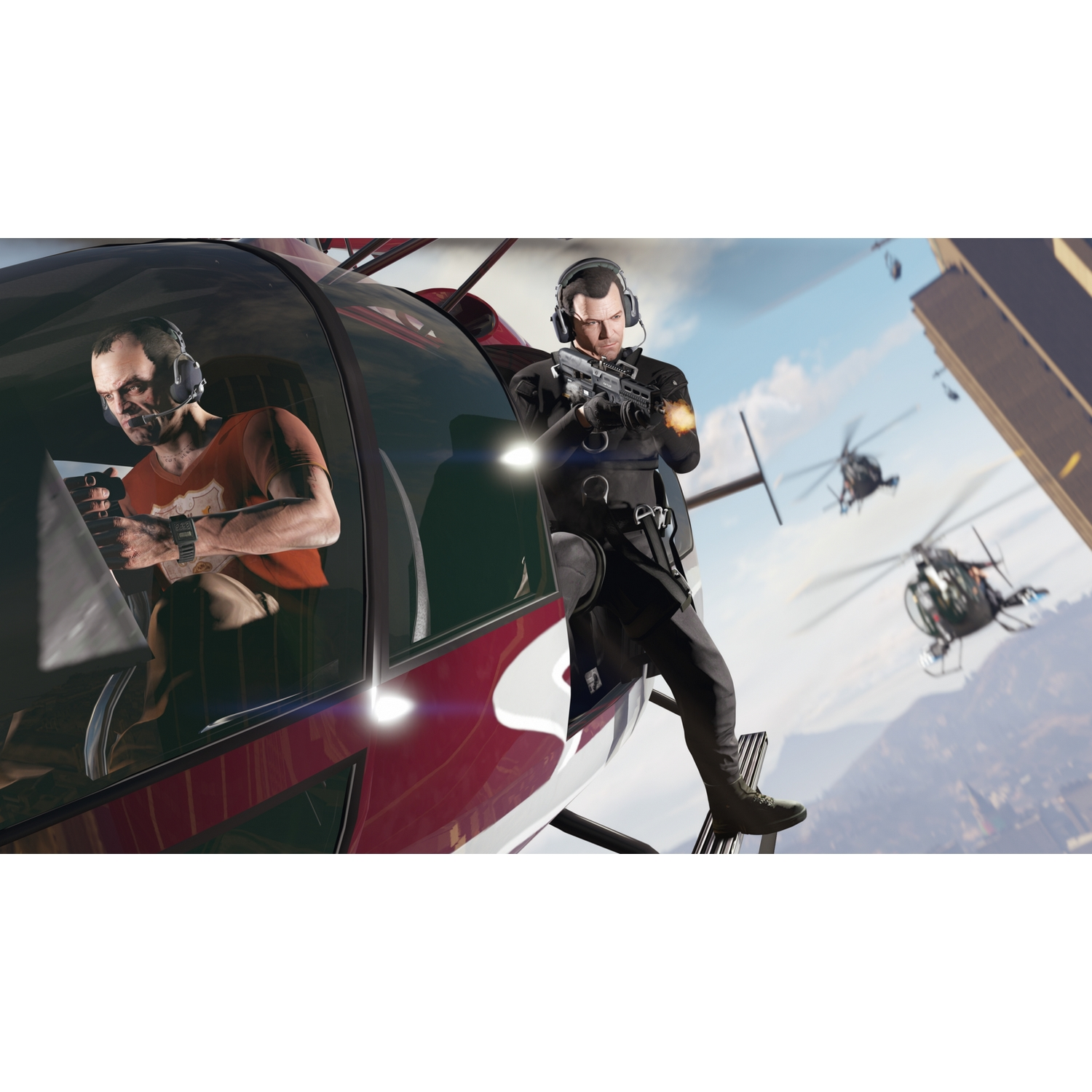 Dos hombres en helicóptero, uno apuntando con un arma. Otros helicópteros al fondo.