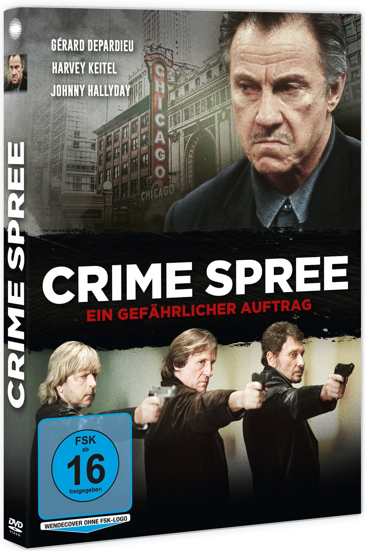 DVD-Hülle mit Gerard Depardieu und Harvey Keitel. Filmtitel ist Crime Spree.