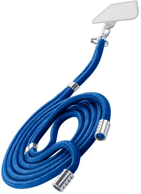 Blauw telefoonkoord, een koord met zilveren accenten en een telefoonhouder.