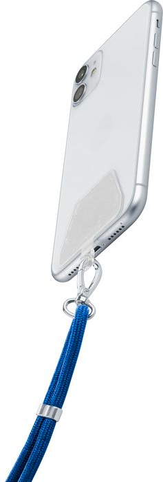 Witte smartphone met een blauw koord. Telefoon staat schuin, met een doorzichtige telefoonhoes.