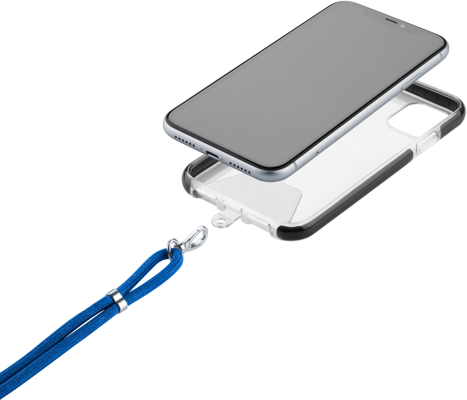 Een telefoon met een doorzichtige hoes en een blauw koord. De telefoon ligt bovenop een doorzichtige hoes met een zwarte rand.
