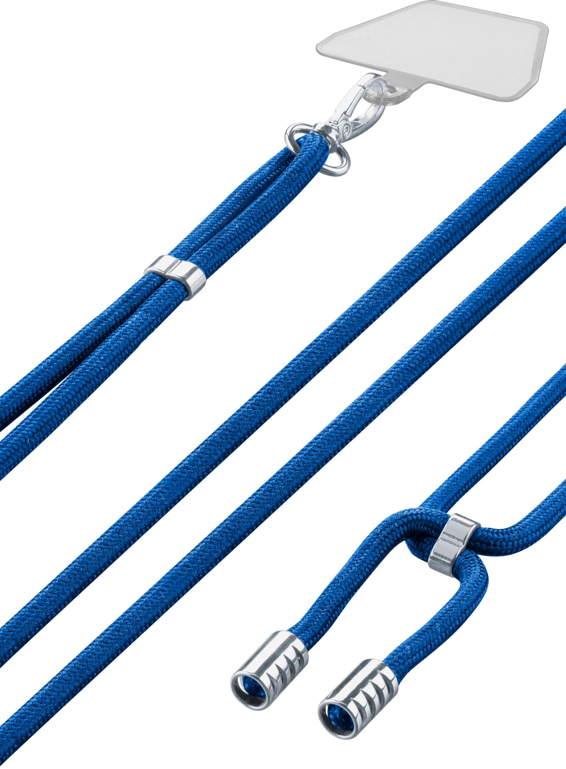 Blauw telefoonkoord met zilveren accenten.