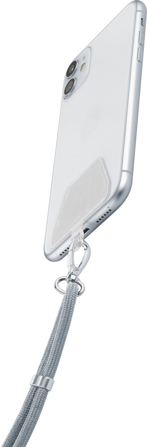 Un téléphone argenté avec une coque transparente et une lanière grise attachée en bas.