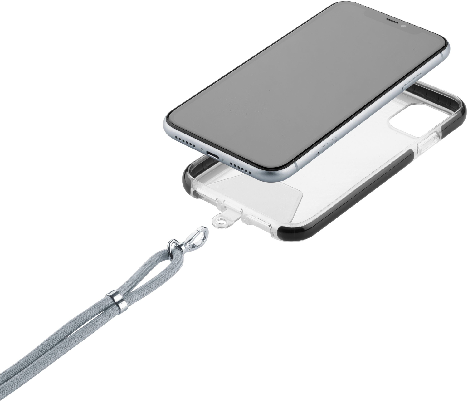 Un téléphone avec une coque transparente et une lanière grise. L'écran est gris.
