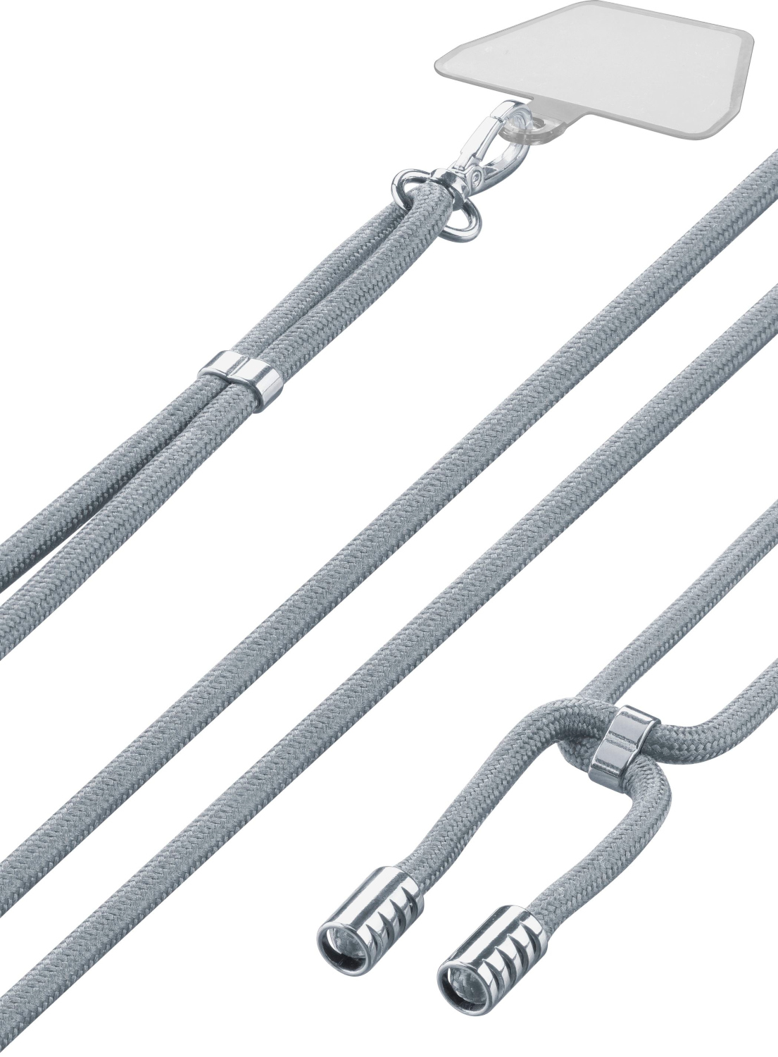 Lanière de téléphone grise avec deux cordons et des accents métalliques sur fond blanc.