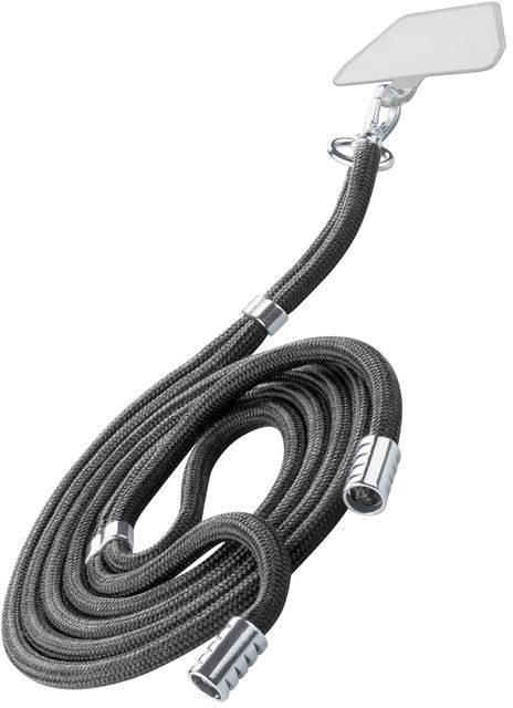 Sangle de téléphone noire avec détails argentés. Fond blanc.
