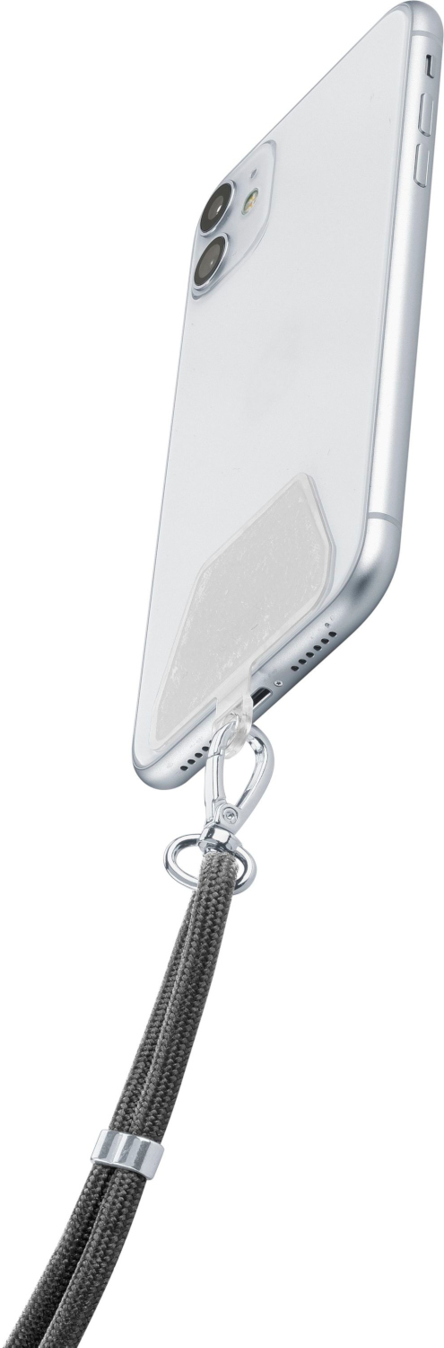Un smartphone avec une coque transparente et un cordon gris. Le téléphone est incliné vers le spectateur.