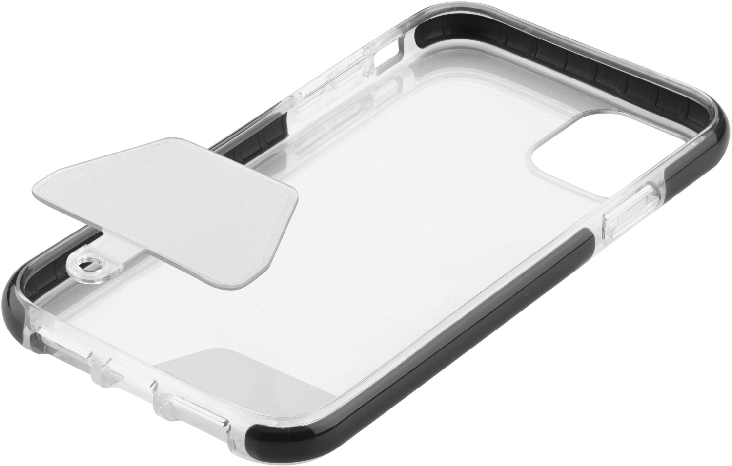 Coque de téléphone transparente avec bords noirs et béquille.