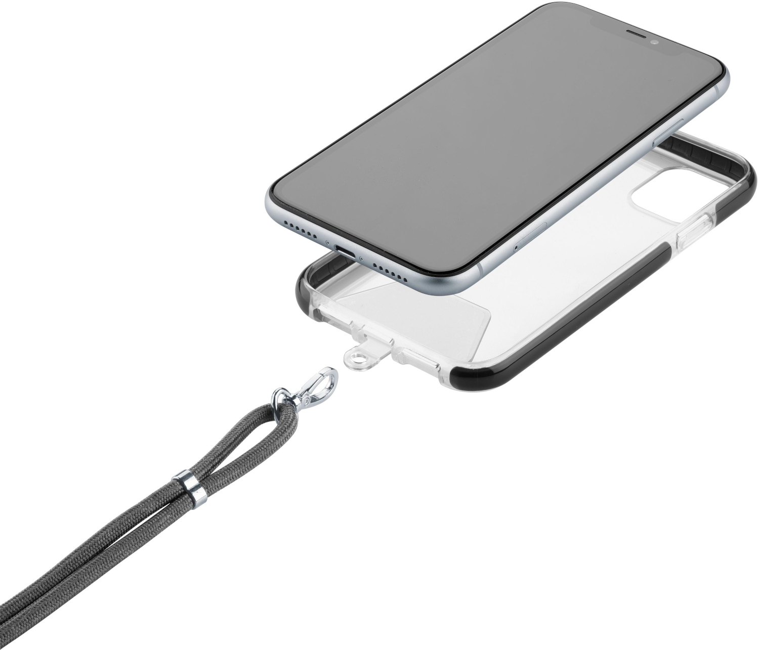 Coque de smartphone avec téléphone. Lanière attachée. Coque transparente avec bords noirs.