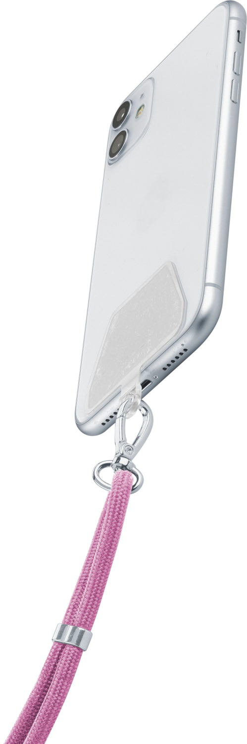 Een witte telefoon met een doorzichtige hoes, bevestigd aan een roze lanyard met een zilveren clip.