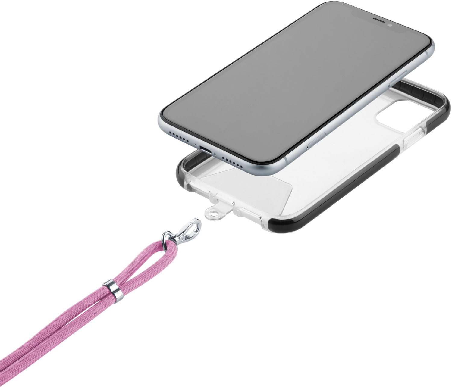 Een telefoon in een hoesje met een roze koord. De telefoon is grijs en de hoes is doorzichtig. De achtergrond is wit.