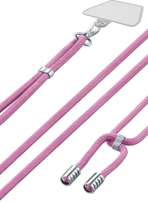 Roze telefoonkoord met metalen sluitingen.