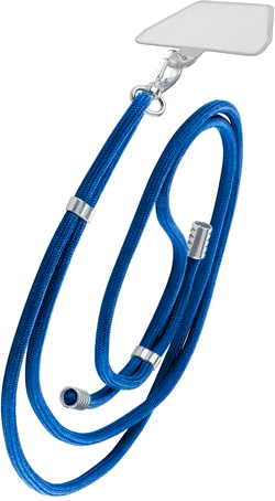 Blauw telefoonkoord met metalen bevestigingen, hangend aan een transparante telefoonhouder.