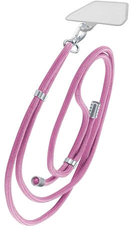 Roze telefoonkoord met een doorzichtige plastic bevestiging en metalen sluiting.
