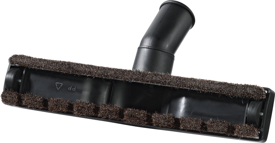 Un accessoire d'aspirateur Dyson. Il est noir avec une brosse en bas. Incliné et a un symbole PP.