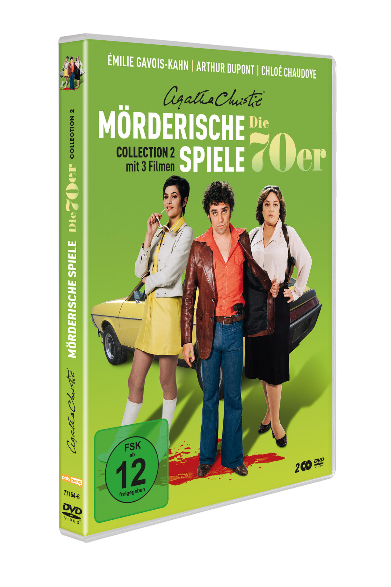 DVD-Cover: Drei Personen in 70er-Jahre-Kleidung, gelbes Auto im Hintergrund, grüner Hintergrund.