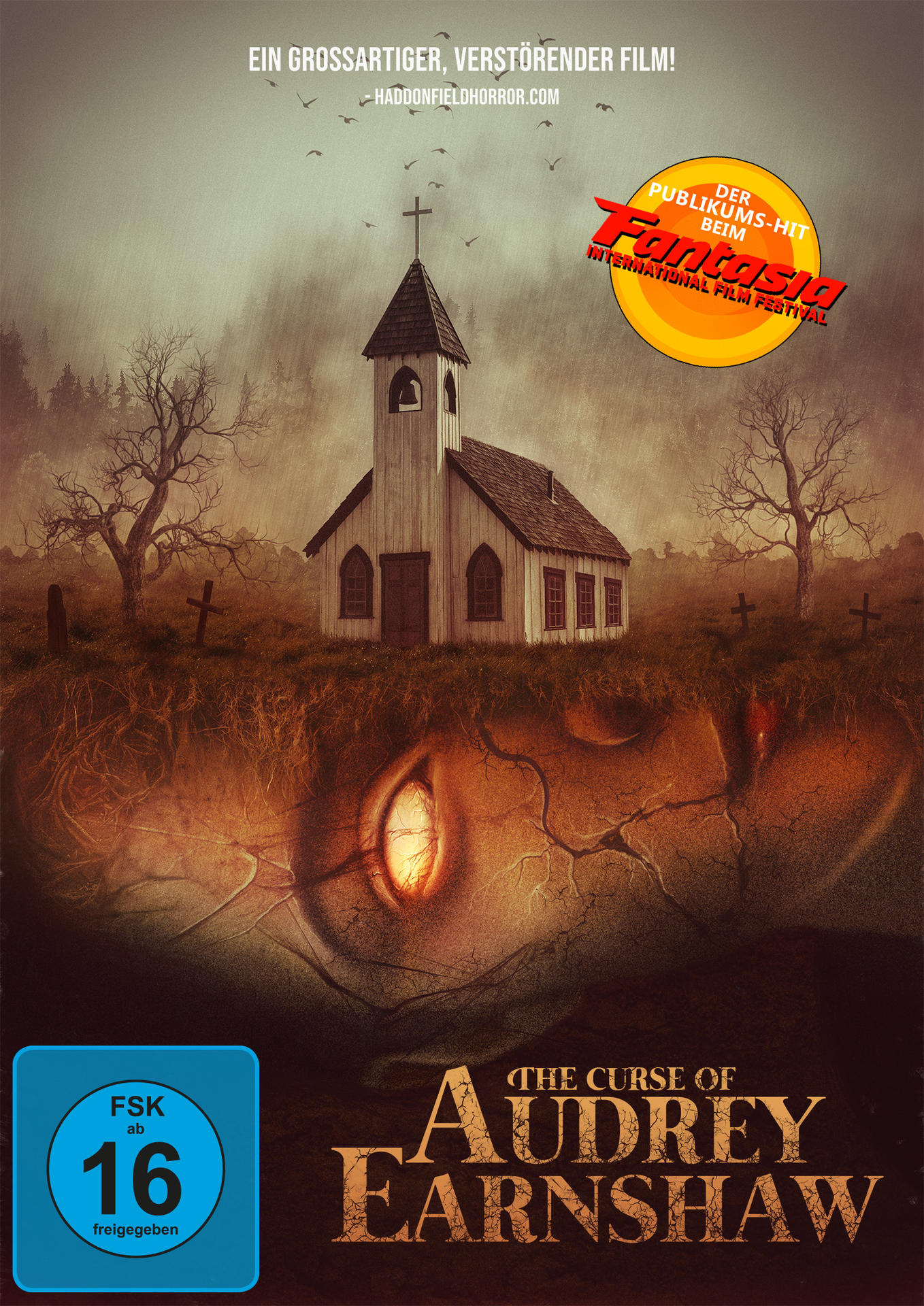 Filmplakat: The Curse of Audrey Earnshaw. Eine Kirche und ein gruseliges Auge.