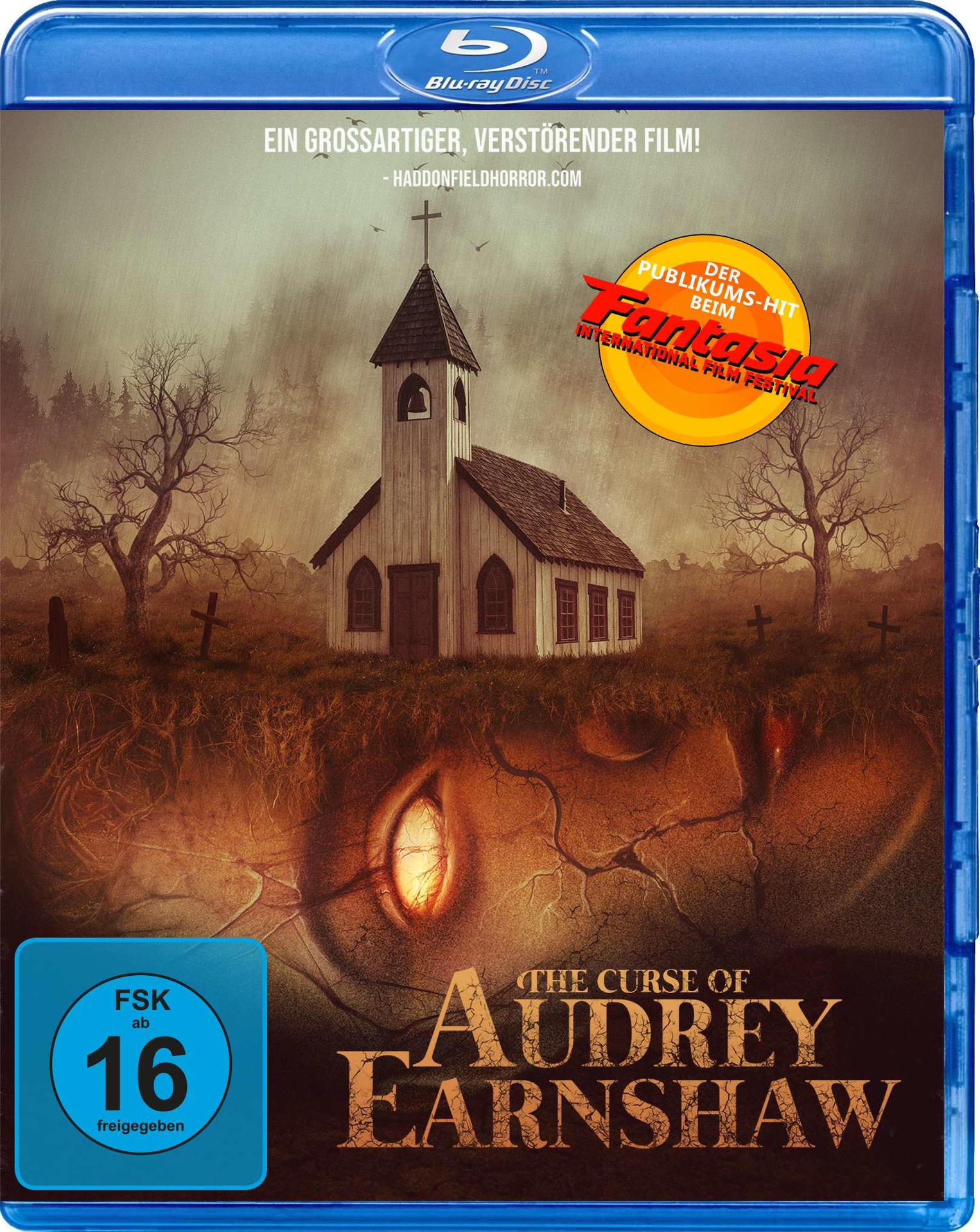 Blu-ray-Cover für einen Horrorfilm. Es zeigt eine Kirche mit Kreuz und ein großes Auge darunter.