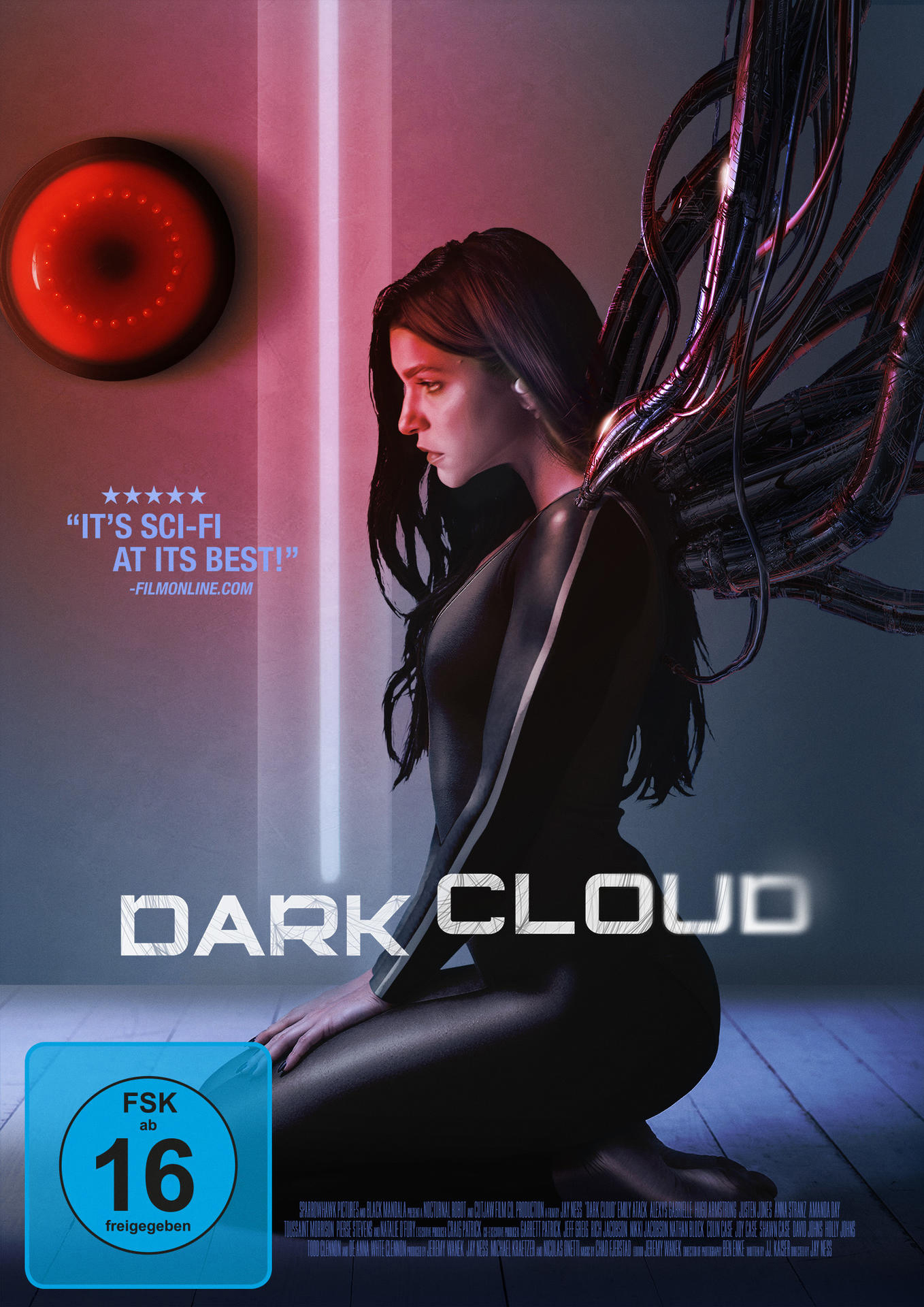 Sci-Fi-Filmplakat: Frau kniet, Drähte, dunkle Kleidung. Titel: Dark Cloud.