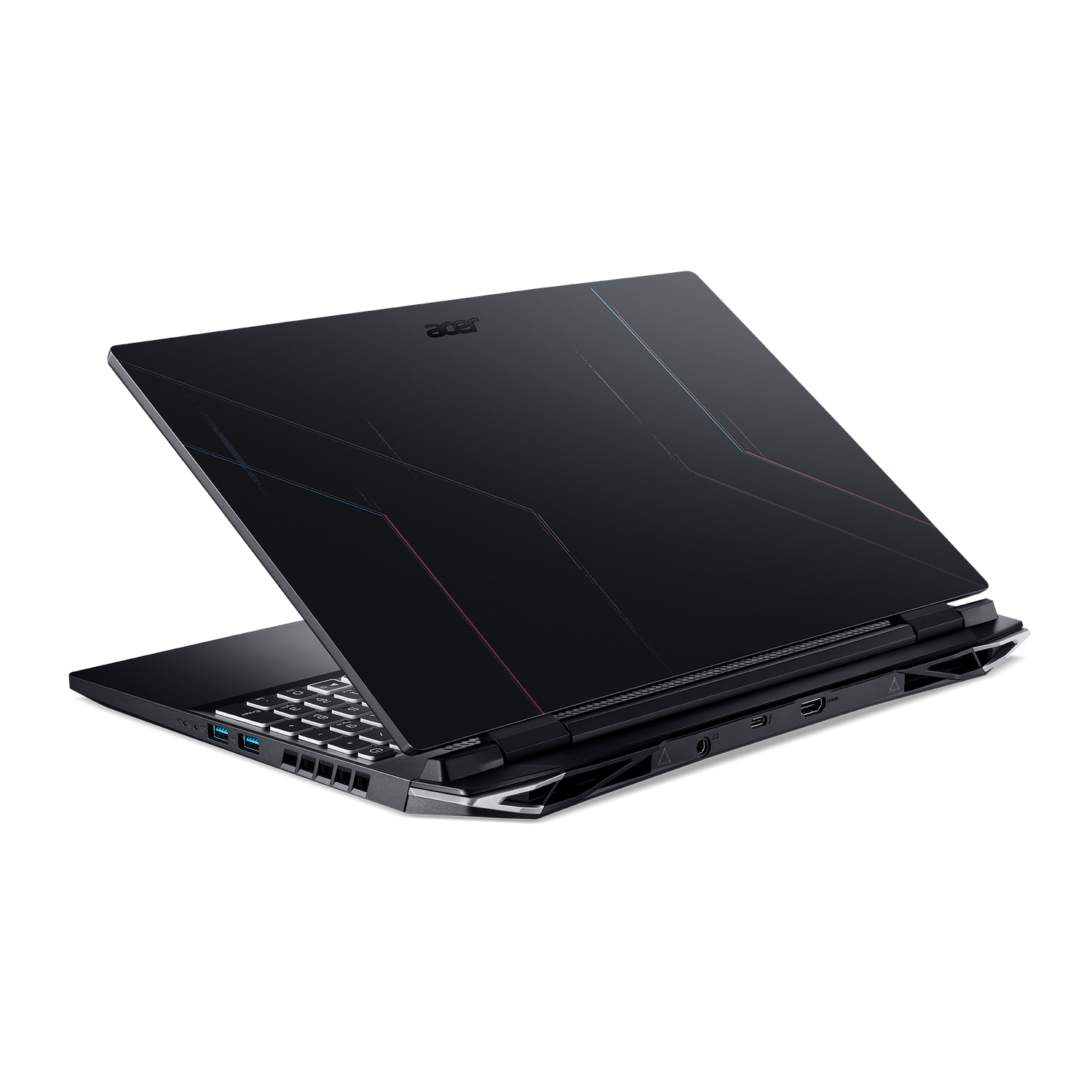 Portátil negro sobre una superficie negra, tapa abierta, con teclado iluminado y logo. El fondo también es negro.