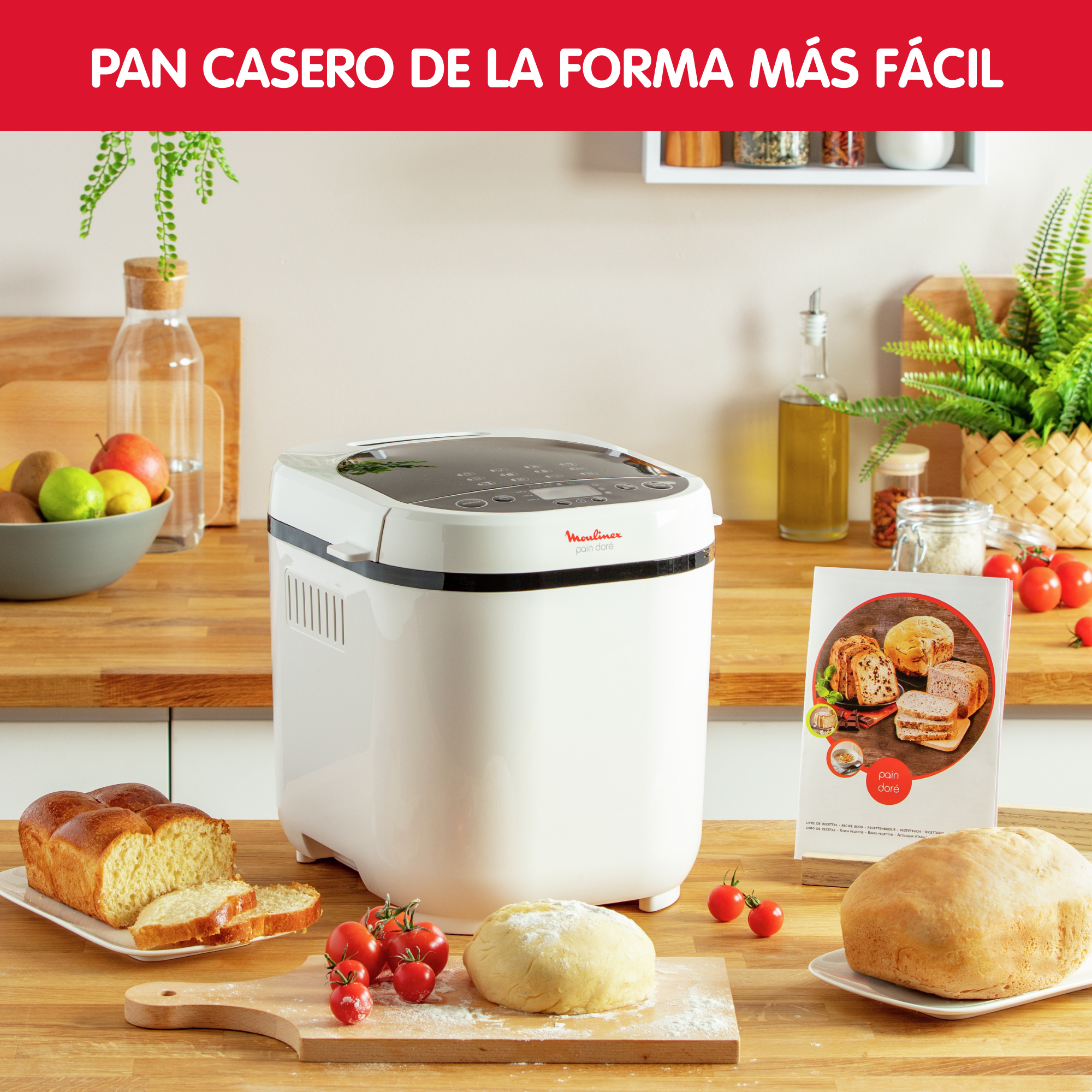 Máquina de hacer pan con ingredientes, pan, y libro de recetas en mostrador de madera con texto.